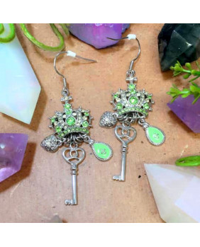 Crown and key green earrings