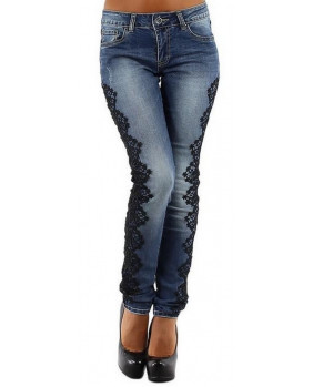 Blue jeans with black lace