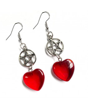 Red heart and pentacle earring
