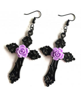 Black cross earring with rose