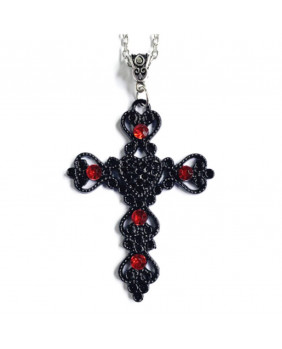 Pendentif gothique croix noir et strass rouges