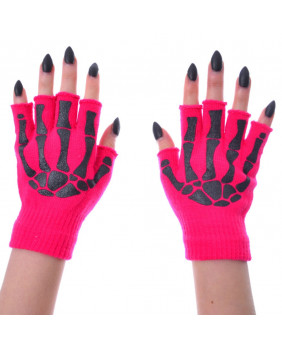 Neon pink skeleton hand mitten