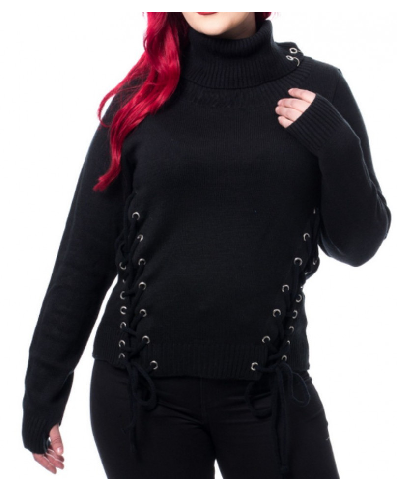 Black sweater with eyelets and laces - Tegan