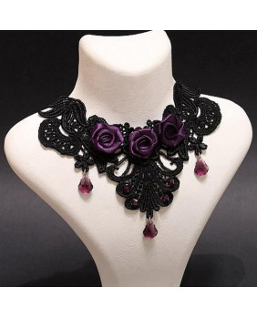 Collier broderie Purples roses