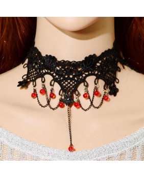 Lace necklace with red beads