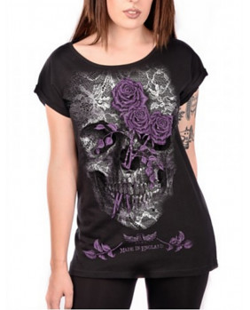T-Shirt vintage noir avec tête de mort et roses
