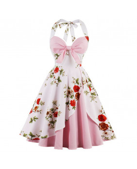 Robe vintage retro rose et blanche à fleurs